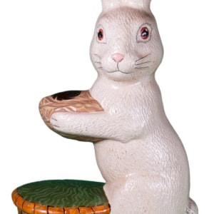 White Rabbit Standing by Basket Holding Nest