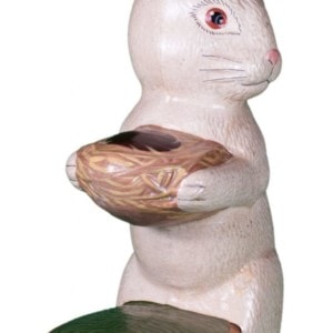 White Rabbit Standing by Basket Holding Nest