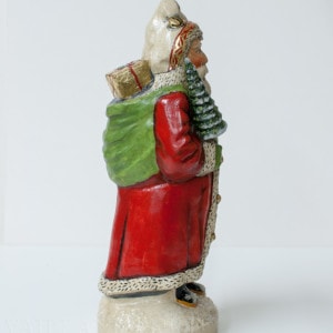 Red European Father Christmas With Teddy and Tree