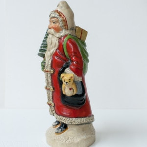 Red European Father Christmas With Teddy and Tree