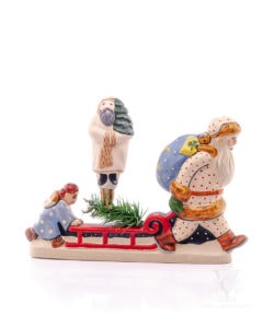 White Father Christmas and Angel Pushing Sled With Glass Ornament