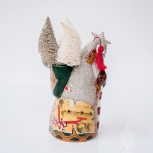 Shimmering North Pole Santa with Book and Trees