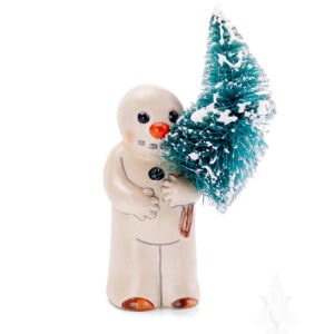 Snowman with Silly Smile Holding Tree