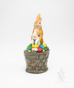 Two Rabbits in a Basket of Colored Eggs