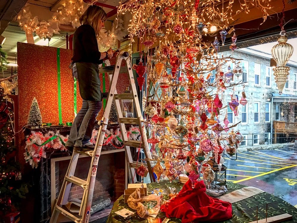 Judi Vaillancourt decorating the annual Window Display for the 2016 Christmas Opening on Friday, November 4th.