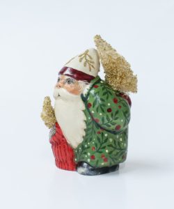 Short European Father Christmas in Green with Beaded Trees