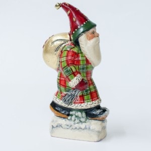 Father Christmas in Red and Green Plaid with Gold Bag