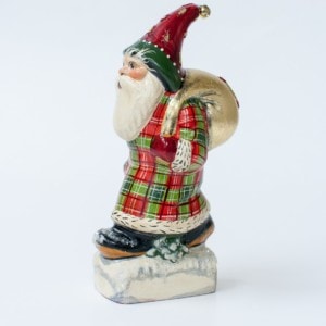Father Christmas in Red and Green Plaid with Gold Bag