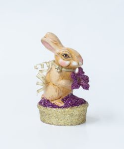 Chalkware Spring Rabbit With Flower On Glittered Basket
