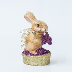Chalkware Spring Rabbit With Flower On Glittered Basket