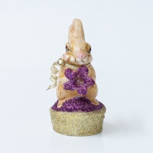 Chalkware Spring Rabbit With Flower On Glittered Basket