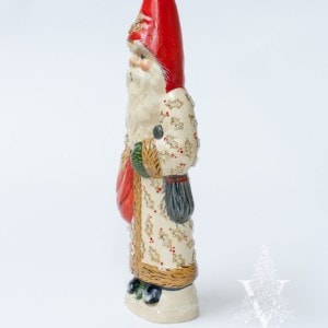 Father Christmas in Beaded White Coat with Waving Teddy Bear