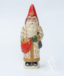 Father Christmas in Beaded White Coat With Waving Teddy Bear