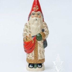 Father Christmas in Beaded White Coat with Waving Teddy Bear