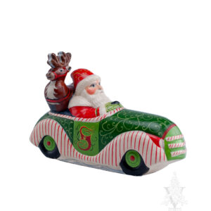 Ornate Santa Driving Christmas Car with Deer in Back Seat