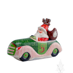 Ornate Santa Driving Christmas Car with Deer in Back Seat