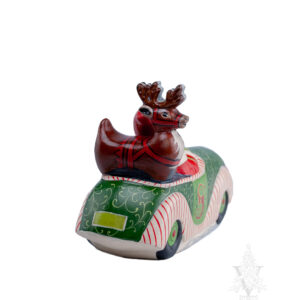 Ornate Santa Driving Christmas Car with Deer in Back Seat