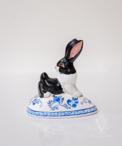 Large Backward Facing Black and White Bunny on Delft Egg