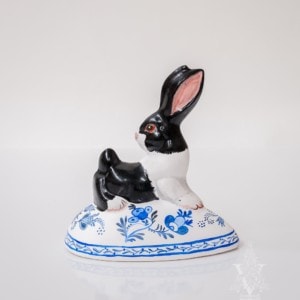 Large Backward Facing Black and White Bunny on Delft Egg
