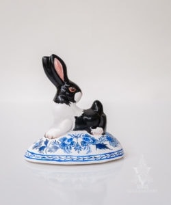 Large Backward Facing Black and White Bunny on Delft Egg
