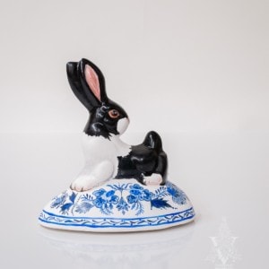 Large Backward Facing Black and White Bunny on Delft Egg