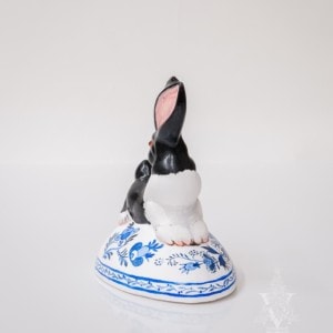 Large Backward Facing Black and White Bunny on Delft Egg