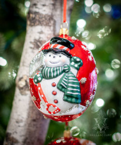 Jingle Balls™ Snowman with Shovel on Pearlized Red