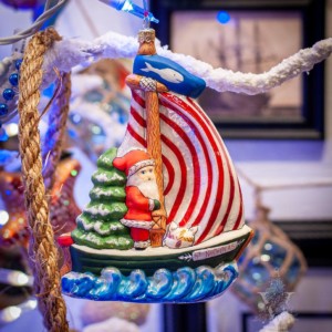 Santa on St. Nicholas Sailboat with Nantucket Whale Flag
