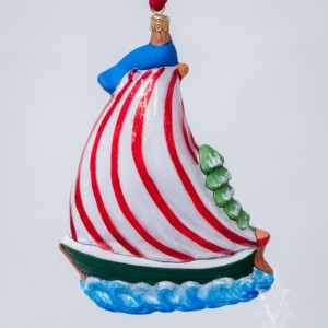 Santa on St. Nicholas Sailboat with Nantucket Whale Flag
