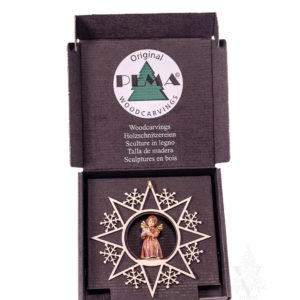 Bell Angel with Parcel in Hanging Snowflake Star by PEMA