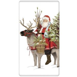 Pine Santa With Reindeer Bagged Towel