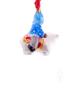 Small Santa in Blue Riding Polar Bear Ornament